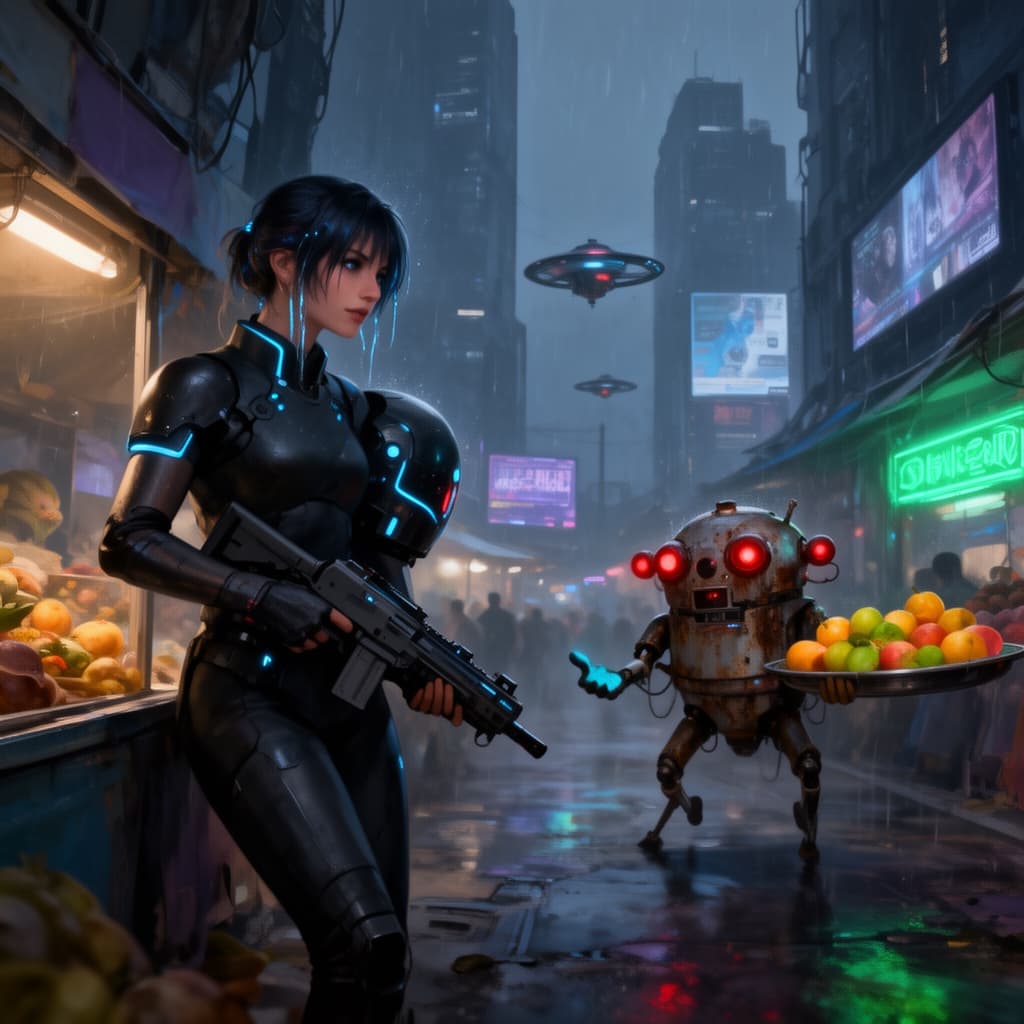 A rainy neon street market with an armored woman and a rusty fruit-carrying robot