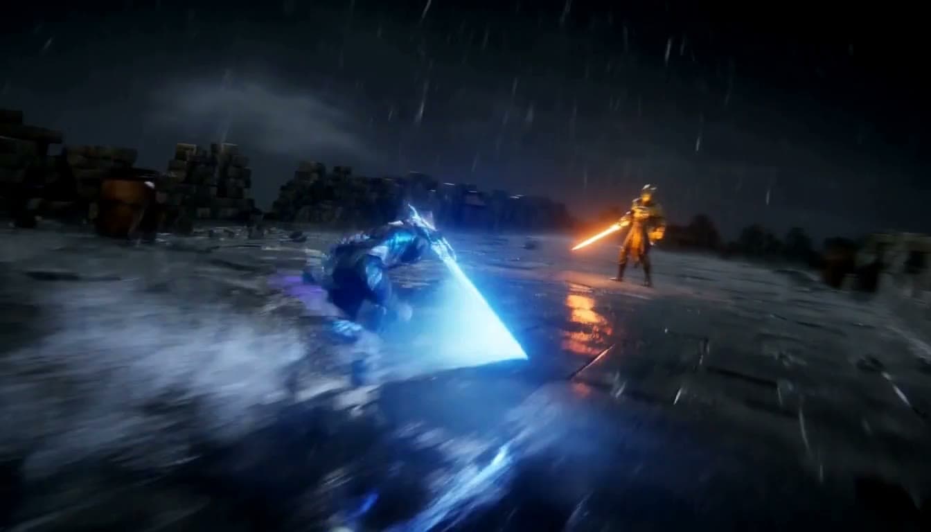Two armored warriors clashing glowing swords in the rain