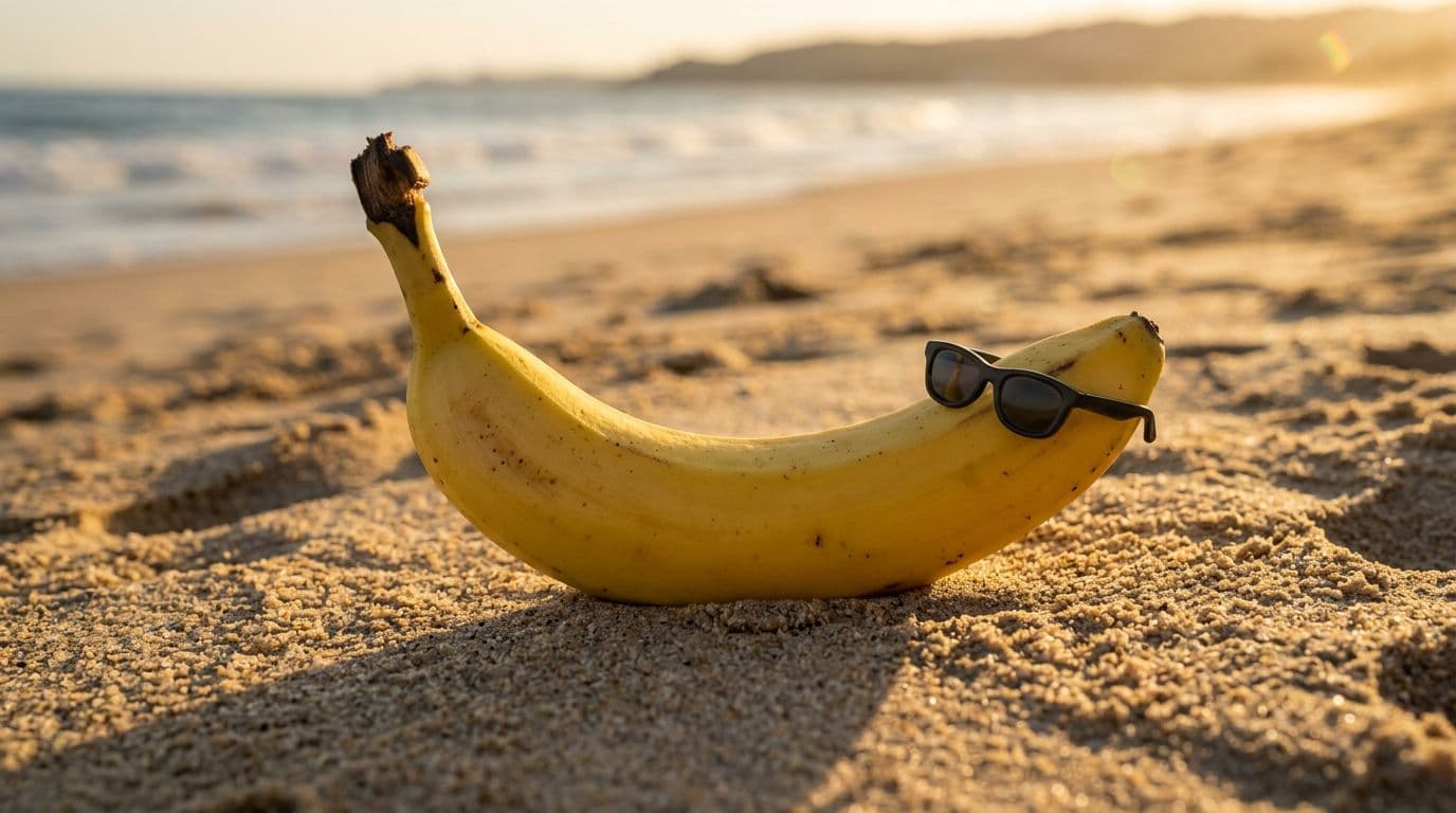 A banana wearing sunglasses on a beach at golden hour