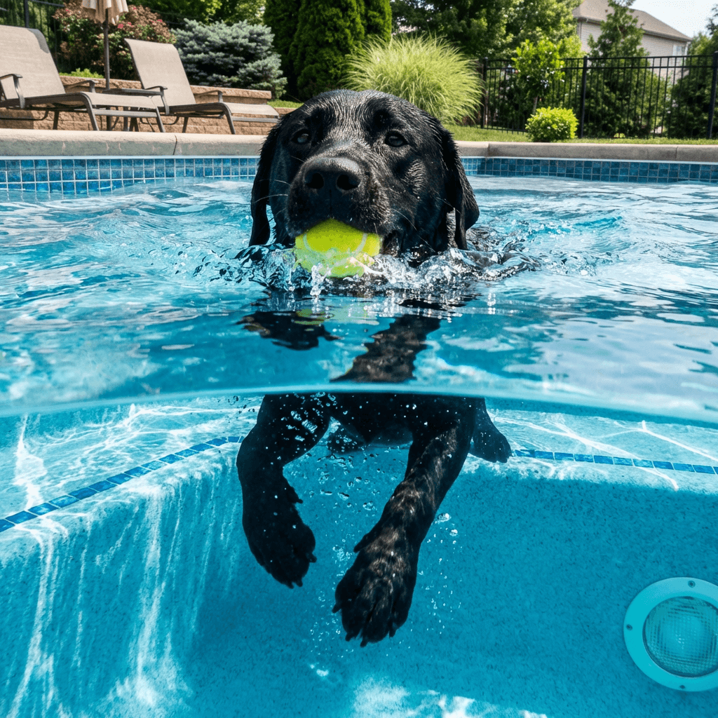 A black dog swimming toward the camera with a tennis ball in a backyard pool