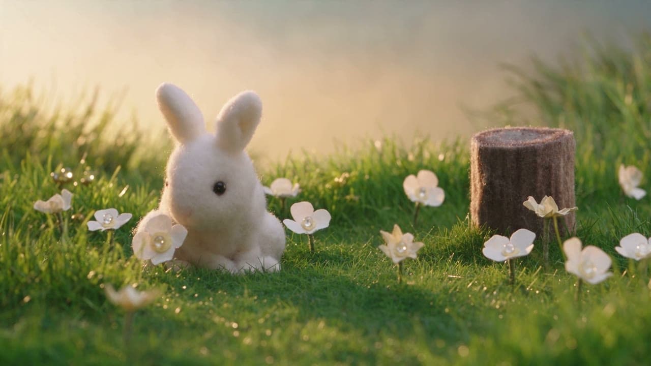A felt rabbit and squirrel on a miniature meadow of flowers